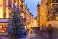 Prague Christmas market on the night in Old Town Square with blu Royalty Free Stock Photo
