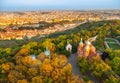 Prague city panorama. Aerial view of Petrin hill park and Vltava river from Petrin lookout tower, Prague, Czech Republic Royalty Free Stock Photo