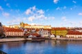 Prague city scape panoramatic view of Prague castle Hradcany in local speak. Near Charles bridge over the Vltava river. Prague Royalty Free Stock Photo