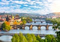 Prague cityscape with bridges over Vltava river at summer sunset, Czech Republic Royalty Free Stock Photo