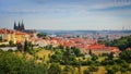 Prague cityscape with Castle, river Vltava and famous sights and historic architecture. Panoramic view of Prague old town