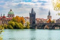 Prague cityscape with Old Town Bridge Tower and Charles bridge over Vltava river, Czech Republic Royalty Free Stock Photo