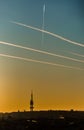 Prague cityscape with silhouette of Zizkov tower