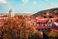 Prague cityscape view from South Garden at Prague Castle, Hradcany, Czechia.