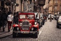 Prague. 10.05.2019: Classic retro car stands on the street at the exhibition. Multi-colored, red vintage. The concept of antiquity Royalty Free Stock Photo