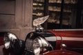Prague. 10.05.2019: Classic retro car stands on the street at the exhibition. Multi-colored, red vintage. The concept of antiquity Royalty Free Stock Photo