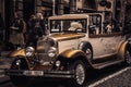 Prague. 10.05.2019: Classic retro car stands on the street at the exhibition. Multicolored, golden vintage. The concept of Royalty Free Stock Photo
