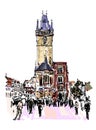 Prague clock tower sketch drawing, Czech Republic