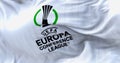 Close-up view of the UEFA Europa Conference League flag waving