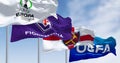 Flags of Europa Conference League, Fiorentina, West Ham and UEFA waving