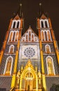 PRAGUE, CZ - OCTOBER 12, 2017: Videomapping the Macula by Khora at the Saint Ludmila church at the Prague Signal festival 2017