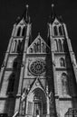 PRAGUE, CZ - OCTOBER 12, 2017: Videomapping the Macula by Khora at the Saint Ludmila church at the Prague Signal festival 2017