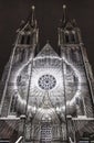 PRAGUE, CZ - OCTOBER 12, 2017: Videomapping the Macula by Khora at the Saint Ludmila church at the Prague Signal festival 2017