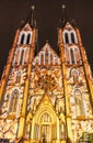 PRAGUE, CZ - OCTOBER 12, 2017: Videomapping the Macula by Khora at the Saint Ludmila church at the Prague Signal festival 2017