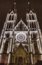 PRAGUE, CZ - OCTOBER 12, 2017: Videomapping the Macula by Khora at the Saint Ludmila church at the Prague Signal festival 2017