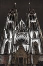 PRAGUE, CZ - OCTOBER 12, 2017: Videomapping the Macula by Khora at the Saint Ludmila church at the Prague Signal festival 2017