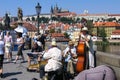 PRAGUE, CZECH - JULY 30, 2007 - Street jazz musicians play dixieland music on the Charles Bridge across the Vltava River Royalty Free Stock Photo