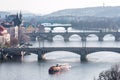 PRAGUE, CZECH - MARCH 14, 2016: Cityscape of Prague, Charles Bridge, Karlov, Manesuv Most Bridge, Old Town Area. Barge on River