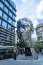 Prague/Czech - 05.21.2019: moving monument head Franz Kafka in the center of Prague. art object chromed shiny sculpture of 64