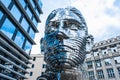 Prague/Czech - 05.21.2019: moving monument head Franz Kafka in the center of Prague. art object chromed shiny sculpture of 64