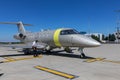 PRAGUE, CZECH REOUBLIC - AUGUST 21, 2020. PILATUS PC-24. A modern jet plane refueling at Prague airport. Silver aircraft PILATUS Royalty Free Stock Photo