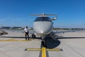 PRAGUE, CZECH REOUBLIC - AUGUST 21, 2020. PILATUS PC-24. A modern jet plane refueling at Prague airport. Silver aircraft PILATUS Royalty Free Stock Photo