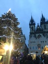 PRAGUE, CZECH REPUBLIC - 29.12.2018: Christmas market on the evening in Old Town Square. Royalty Free Stock Photo