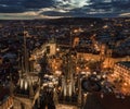 Prague, Czech Republic - Aerial drone view of the famous illuminated Church of our Lady Before Tyn towers at blue hour Royalty Free Stock Photo