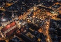 Prague, Czech Republic - Aerial drone view of the famous illuminated Church of our Lady Before Tyn towers at blue hour Royalty Free Stock Photo