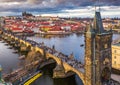 Prague, Czech Republic - Aerial drone view of the world famous Charles Bridge Karluv most above River Vltava Royalty Free Stock Photo