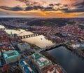 Prague, Czech Republic - Aerial panoramic drone view city of Prague with the world famous Charles Bridge Karluv most Royalty Free Stock Photo