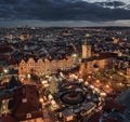 Prague, Czech Republic - Aerial panoramic drone view of the famous Christmas market of city Prague at the Old Town Square