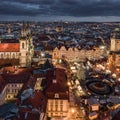 Prague, Czech Republic - Aerial panoramic drone view of the famous Christmas market of city Prague at the Old Town Square Royalty Free Stock Photo