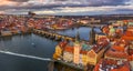 Prague, Czech Republic - Aerial panoramic drone view of the world famous Charles Bridge Karluv most Royalty Free Stock Photo