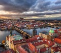 Prague, Czech Republic - Aerial panoramic drone view of the world famous Charles Bridge Karluv most Royalty Free Stock Photo