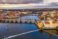 Prague, Czech Republic - Aerial panoramic drone view of the world famous Charles Bridge and St. Francis Of Assisi Church Royalty Free Stock Photo