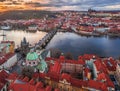 Prague, Czech Republic - Aerial panoramic drone view of the world famous Charles Bridge and St. Francis Of Assisi Church Royalty Free Stock Photo