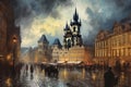 Prague, Czech Republic. Painting postcard AI generated with Stare Mesto, square with dramatic sky, rainy day