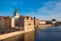 Golden light over the beautiful old town of Prague city during sunset at early spring seen from Charles Bridge Royalty Free Stock Photo