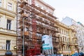 PRAGUE, CZECH REPUBLIC - April 8, 2019: Building in the center of Prague with scaffolding. Restoration of the facade