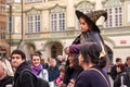 Costumed child in the streets of Prague during the carodejnice festival, or witch burning night