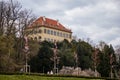 Prague, Czech Republic, 25 April 2021: gothic Chateau Mistodrzitelsky letohradek or Governors Summer Palace at the hill Stromovka