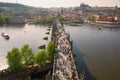 Karlov Bridge in the sunny spring afternoon. Top view. Prague. Czech Republic