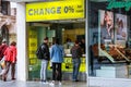 PRAGUE, CZECH REPUBLIC - April 8, 2019: Money exchange shop in Prague for tourist. Currency exchange counter service