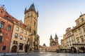 PRAGUE, CZECH REPUBLIC, APRIL 2020 - Prague Old Town Square Czech Republic, sunrise city skyline at Astronomical Clock