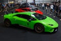 Prague, Czech Republic - April 13th 2019: Green Lamborghini Aventador at Autoshow PVA EXPO Praha Letnany 2019. Illustrative