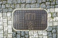Cast iron hatch with the coat of arms on the pavement in Prague
