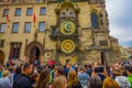 Prague, Czech Republic - 13 August, 2015: Closeup famous astronomical clock tower located in city centre