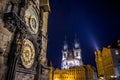 Prague, Czech Republic - 13 August, 2015: Closeup famous astronomical clock tower located in city centre, towers Church