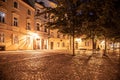 PRAGUE, CZECH REPUBLIC - AUGUST 17, 2018: Evening on Kampa Island with cobbled street illuminated by streer lamps